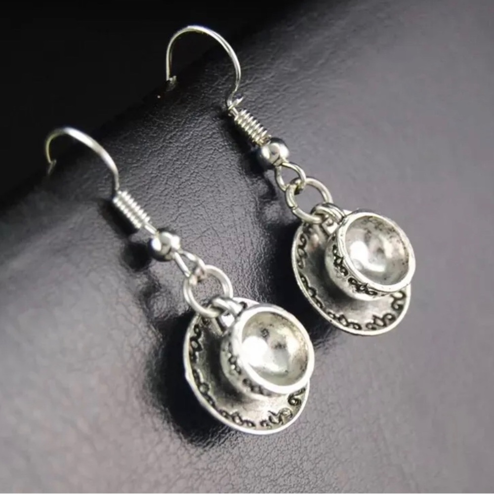 Petite Coffee, Tea Cup & Saucer Earrings, Silver, New, Barista Gift